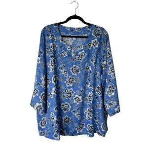 J.Jill Love Linen Relaxed Fit Tunic Top Size XL Blue Floral 3/4 Sleeve Lagenlook
